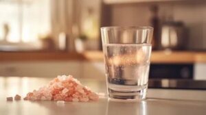 Ett glas vatten står bredvid en hög med grovt rosa salt
